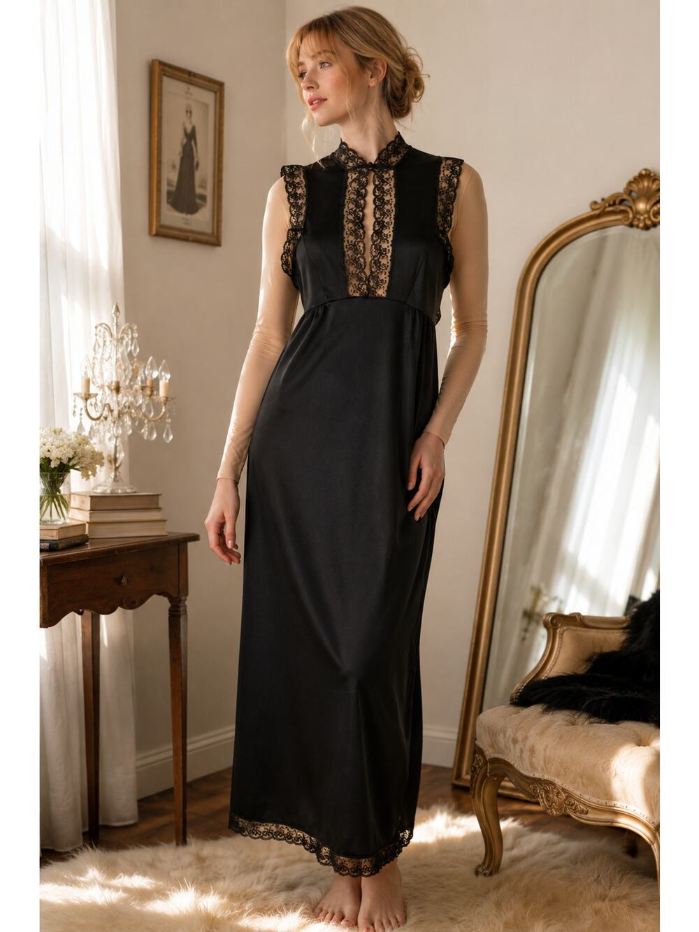 Vintage 70s Van Raalte Black Nylon Nightgown, Lace Peekaboo Column Gown - S